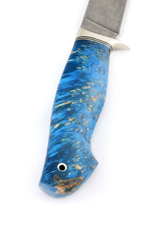 Нож Каюр сталь К340 рукоять мельхиор, кап клена синий 