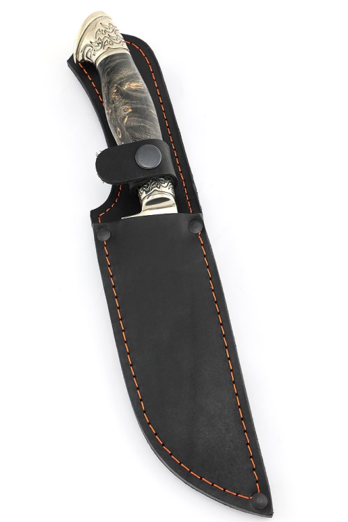 Нож Узбек-2 сталь дамаск рукоять мельхиор, кап клена черный 