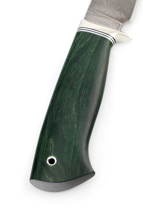 Нож Беркут сталь дамаск рукоять мельхиор, карельская береза зеленая  Нож Беркут сталь дамаск рукоять мельхиор, карельская береза зеленая
