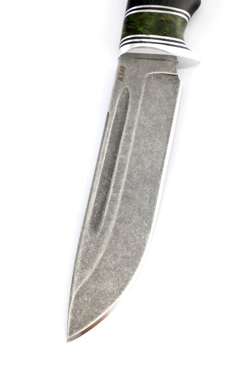 Нож Охотничий сталь К340, рукоять вставка карельская береза зеленая, черный граб 