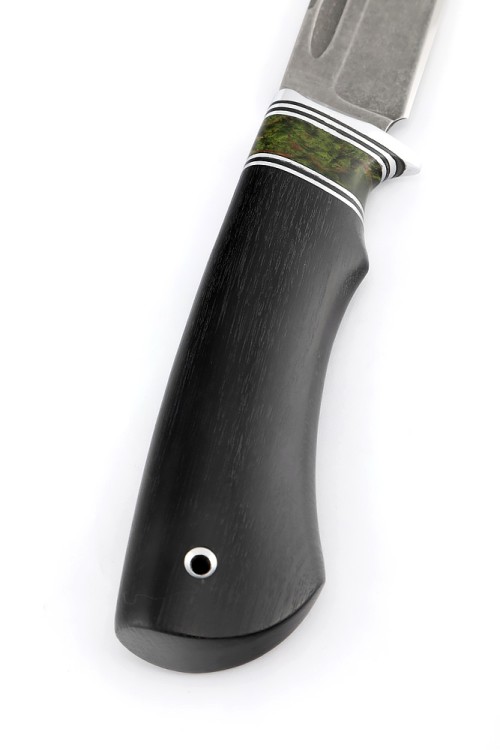 Нож Охотничий сталь К340, рукоять вставка карельская береза зеленая, черный граб 