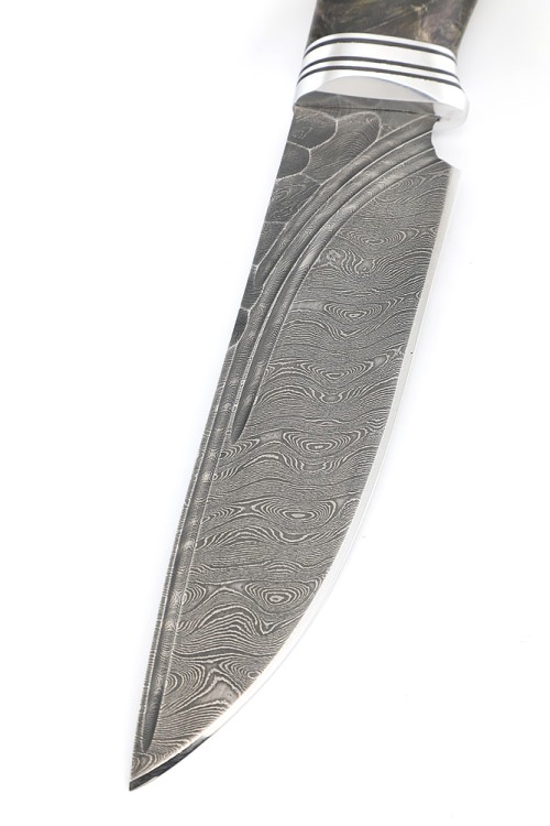 Нож Кабан сталь дамаск фигурные долы камень рукоять кап клена зеленый 