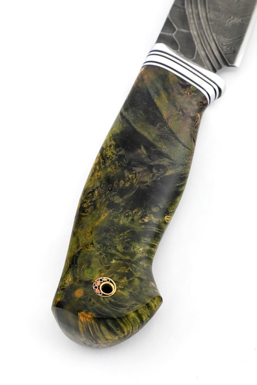 Нож Кабан сталь дамаск фигурные долы камень рукоять кап клена зеленый 