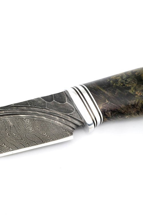 Нож Кабан сталь дамаск фигурные долы камень рукоять кап клена зеленый 