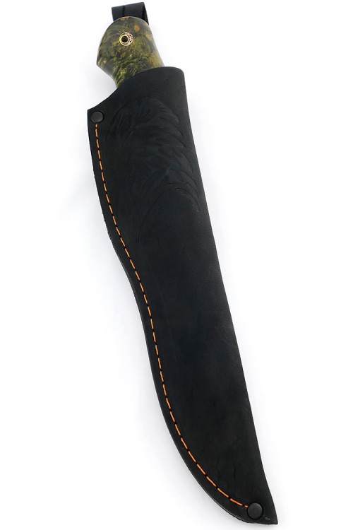Нож Кабан сталь дамаск фигурные долы камень рукоять кап клена зеленый 