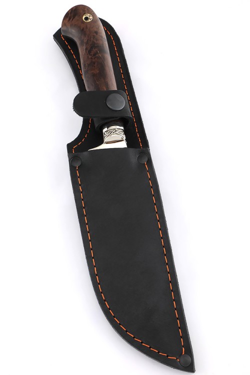 Нож Узбек-2 сталь Elmax, рукоять мельхиор, карельская береза коричневая 