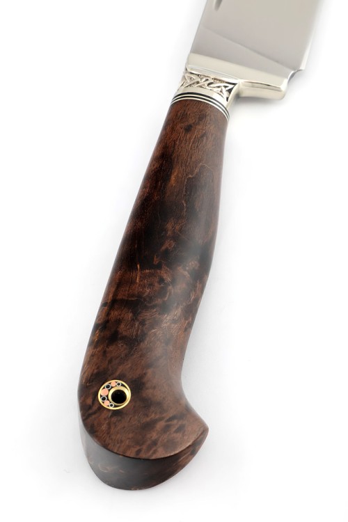 Нож Узбек-2 сталь Elmax, рукоять мельхиор, карельская береза коричневая 