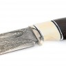 Нож Бекас дамаск ламинированный, фигурные долы, вставка кость, карельская береза коричневая 