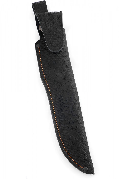 Нож Бекас дамаск ламинированный, фигурные долы, вставка кость, карельская береза коричневая 