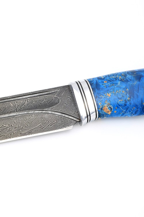 Нож Берсерк сталь дамаск-долы рукоять кап клена синий 