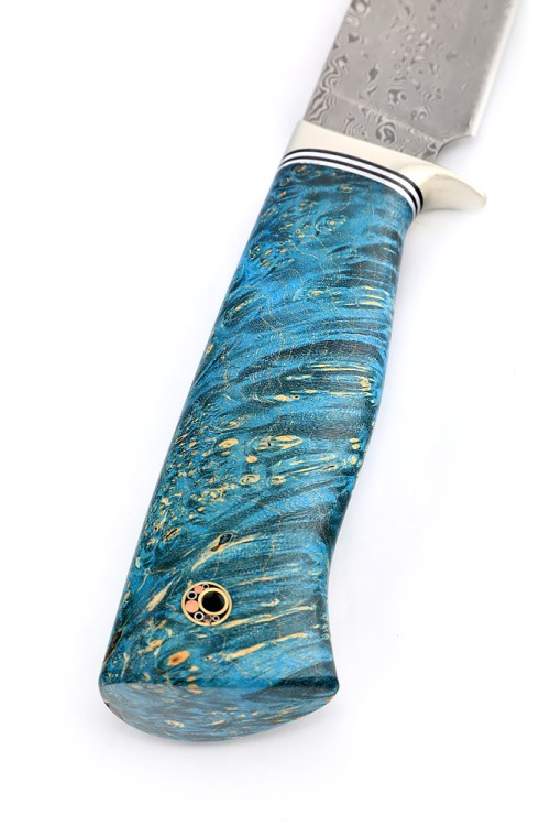 Нож Беркут сталь дамаск нержавеющий, рукоять мельхиор, кап клена синий 