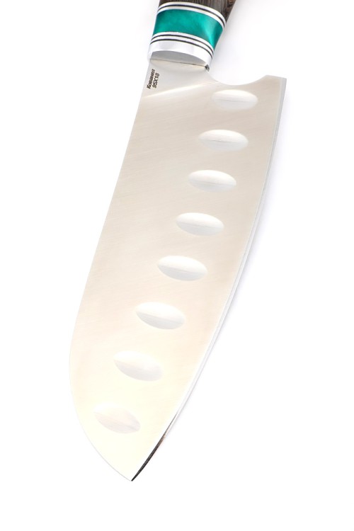 Кухонный нож Сантоку средний (широкий) кованая сталь 95х18 рукоять вставка акрил зеленый, венге 