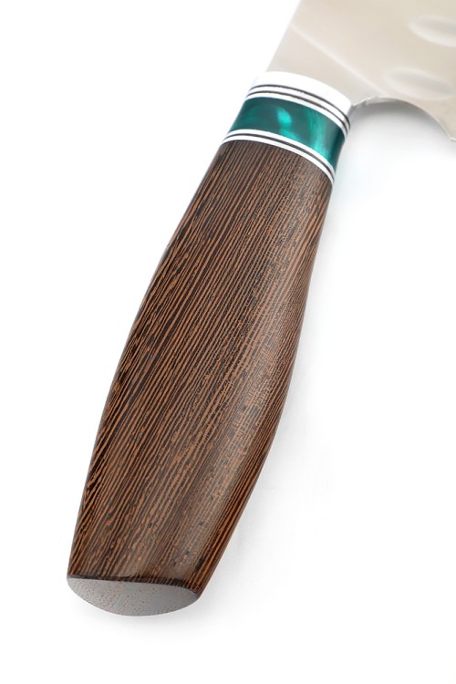 Кухонный нож Сантоку средний (широкий) кованая сталь 95х18 рукоять вставка акрил зеленый, венге 