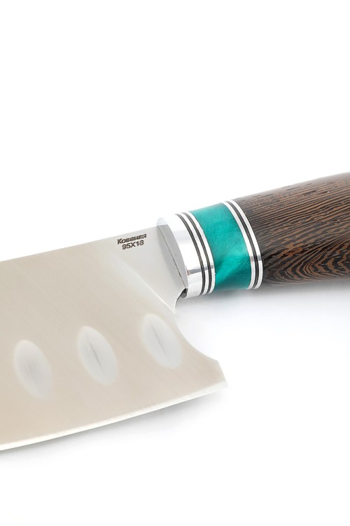Кухонный нож Сантоку средний (широкий) кованая сталь 95х18 рукоять вставка акрил зеленый, венге 