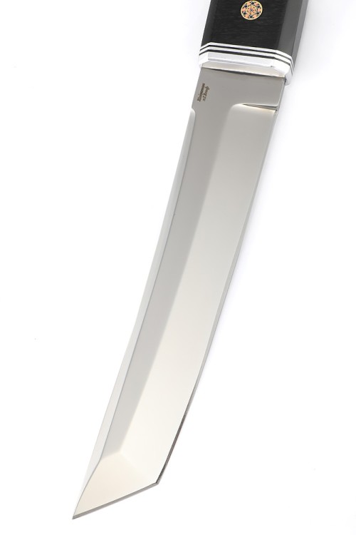 Нож Танто большой сталь кованая Х12МФ, рукоять вставка черный граб, кап клена сине-красный 