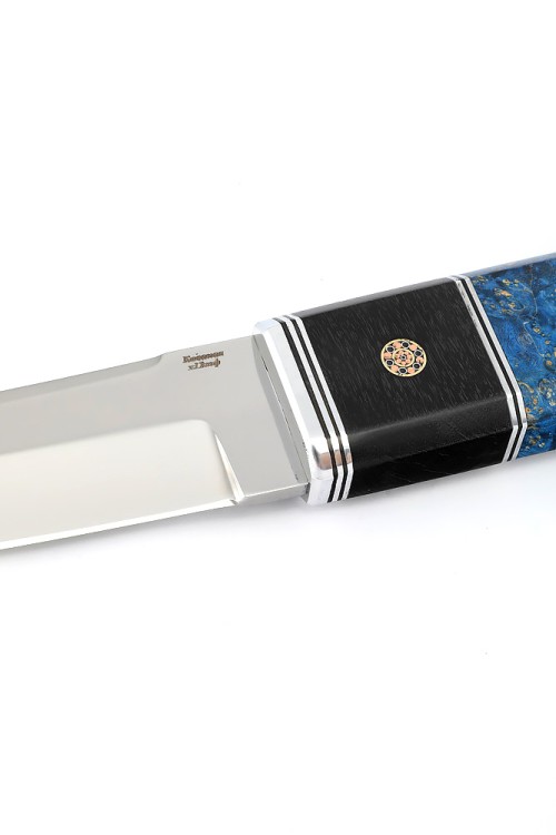 Нож Танто большой сталь кованая Х12МФ, рукоять вставка черный граб, кап клена сине-красный 