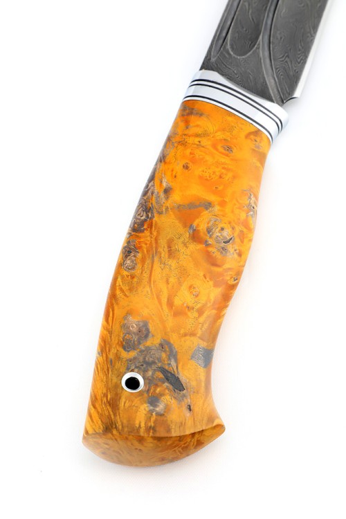 Нож Берсерк сталь дамаск-долы рукоять кап клена янтарный 