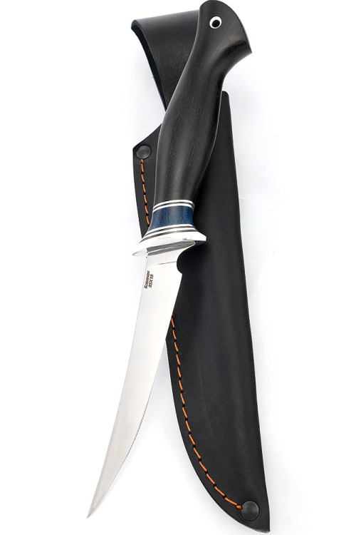 Нож Филейный малый (узкий) сталь кованая 95Х18 рукоять вставка карельская береза синяя, черный граб 