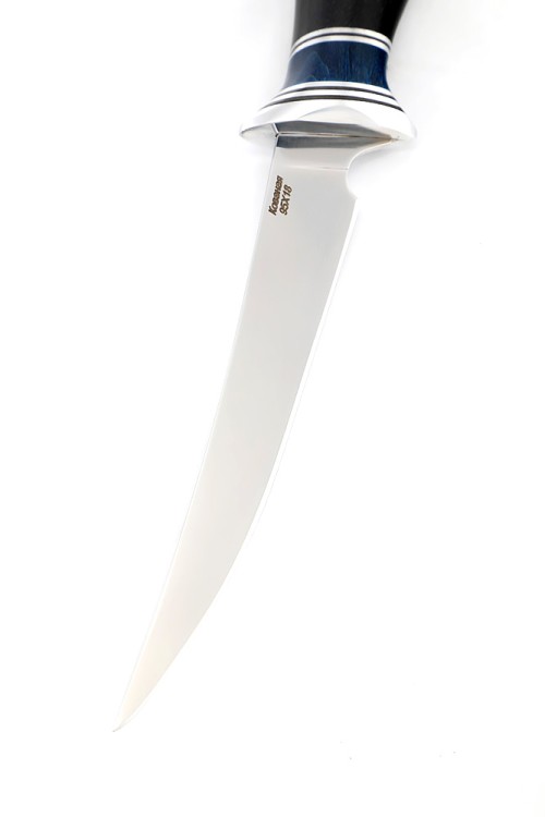 Нож Филейный малый (узкий) сталь кованая 95Х18 рукоять вставка карельская береза синяя, черный граб 