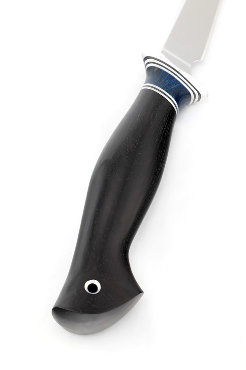 Нож Филейный малый (узкий) сталь кованая 95Х18 рукоять вставка карельская береза синяя, черный граб 