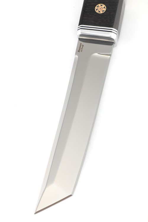 Нож Танто малый сталь кованая Х12МФ, рукоять вставка черный граб, кап клена сине-красный 