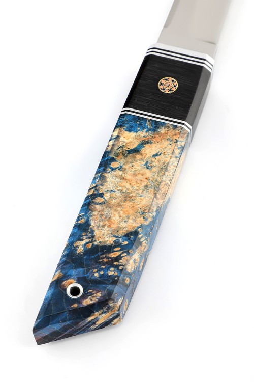 Нож Танто малый сталь кованая Х12МФ, рукоять вставка черный граб, кап клена сине-красный 