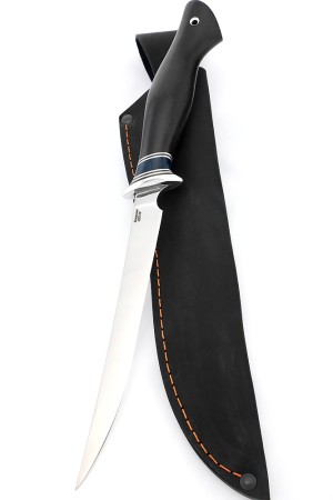 Нож Филейный средний (узкий) сталь кованая 95Х18 рукоять вставка карельская береза синяя, черный граб