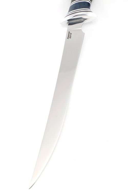 Нож Филейный средний (узкий) сталь кованая 95Х18 рукоять вставка карельская береза синяя, черный граб 