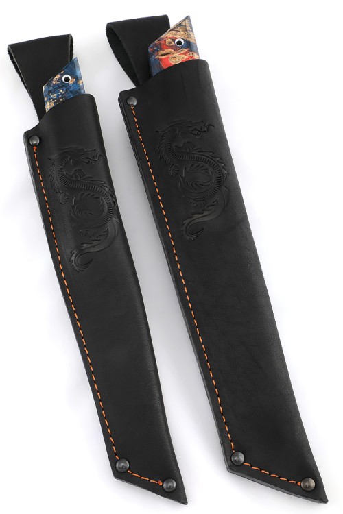 Комплект из 2 ножей "Танто" кованая сталь х12МФ рукоять вставка черный граб, кап клена сине-красный 