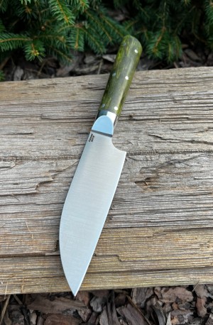 Кухонный нож Сантоку малый кованая сталь 95x18 рукоять стабилизированная карельская береза зеленая