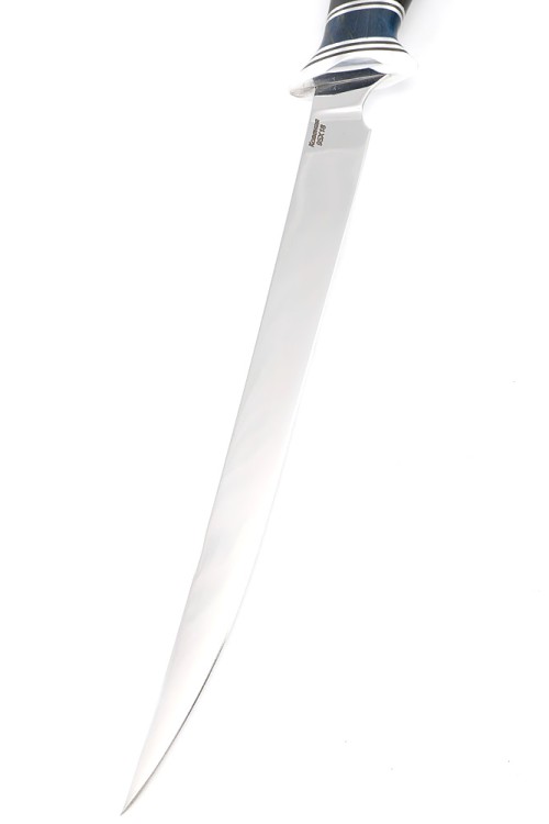 Нож Филейный большой (узкий) сталь кованая 95Х18 рукоять вставка карельская береза синяя, черный граб 