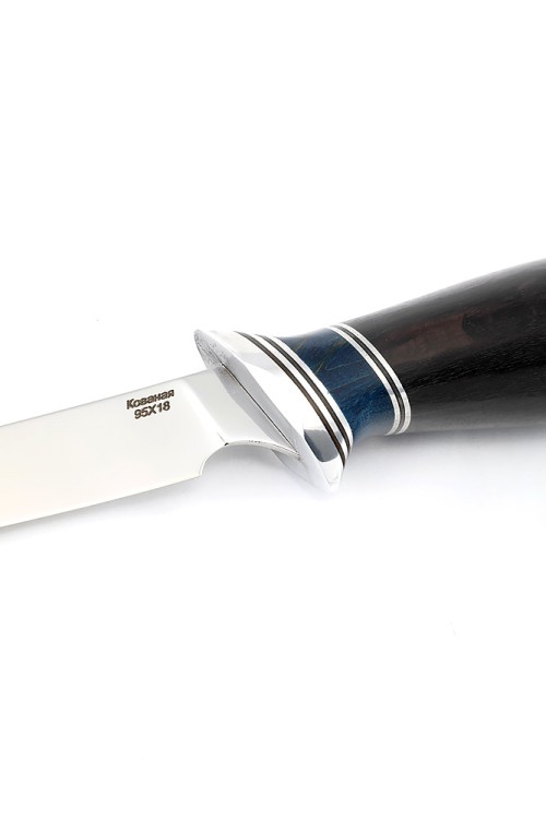 Нож Филейный большой (узкий) сталь кованая 95Х18 рукоять вставка карельская береза синяя, черный граб 