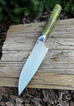 Кухонный нож Сантоку средний кованая сталь 95х18 рукоять стабилизированная карельская береза зеленая