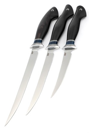 Набор из 3-х филейных ножей сталь кованая 95х18 рукоять вставка карельская береза синяя, черный граб