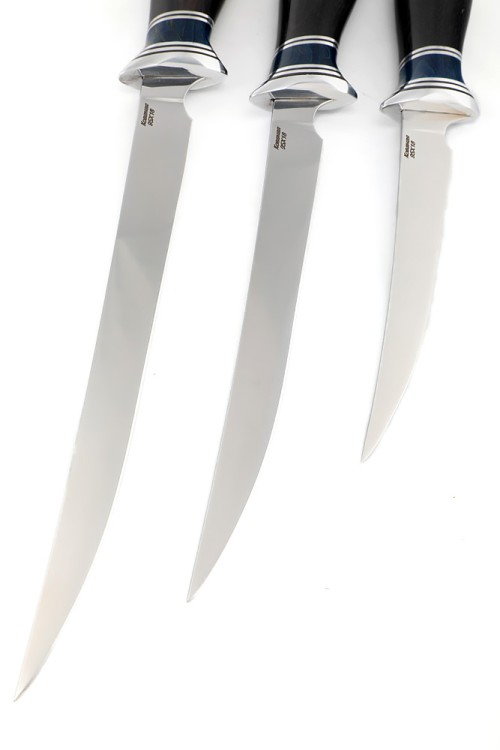 Набор из 3-х филейных ножей сталь кованая 95х18 рукоять вставка карельская береза синяя, черный граб 