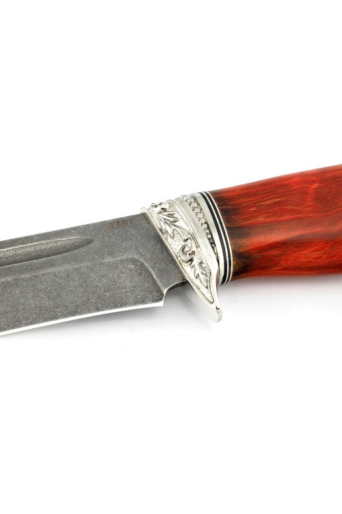 Нож Лось сталь К340 рукоять мельхиор, карельская береза красная 