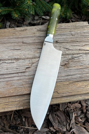 Кухонный нож Сантоку большой кованая сталь 95х18 рукоять стабилизированная карельская береза зеленая