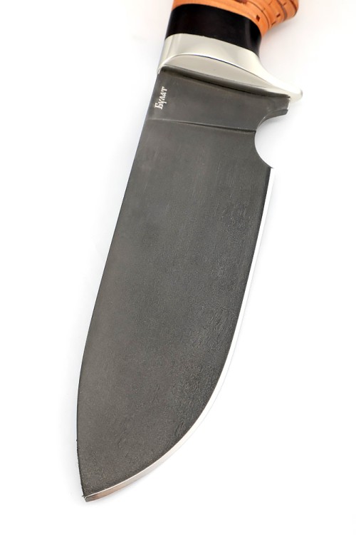 Нож Шкурник сталь булат рукоять мельхиор, черный береста 
