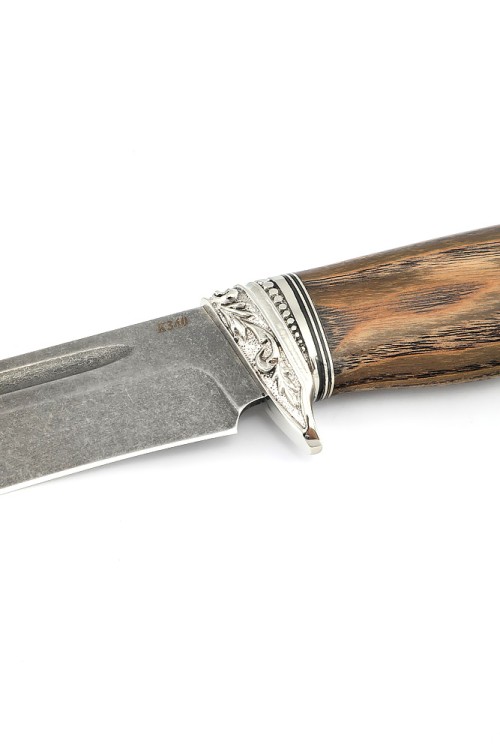 Нож Лось сталь К340 рукоять мельхиор, ясень стабилизированный коричневый 