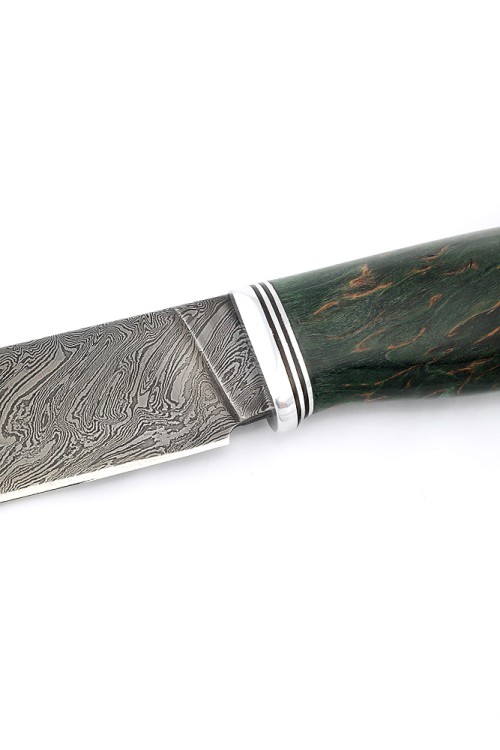 Нож Следопыт сталь дамаск, рукоять карельская береза зеленая 