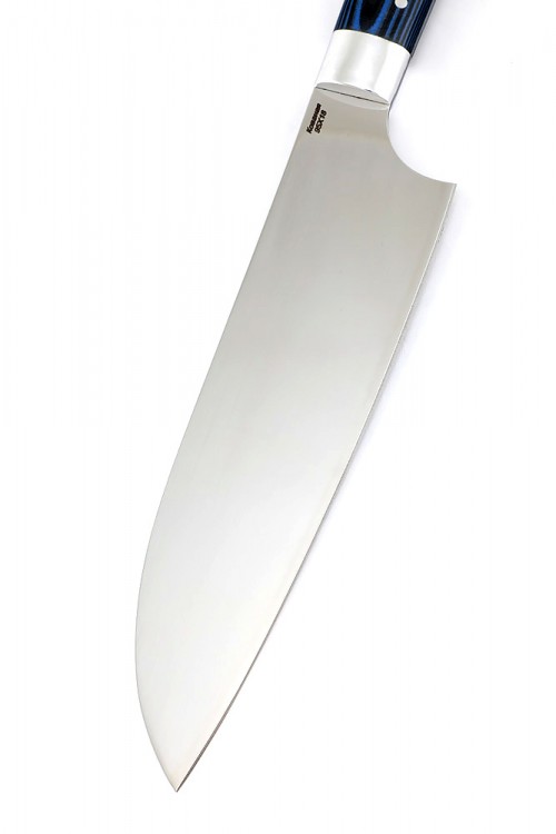 Кухонный нож Сантоку большой кованая сталь 95х18 рукоять G10 синяя ц/м 