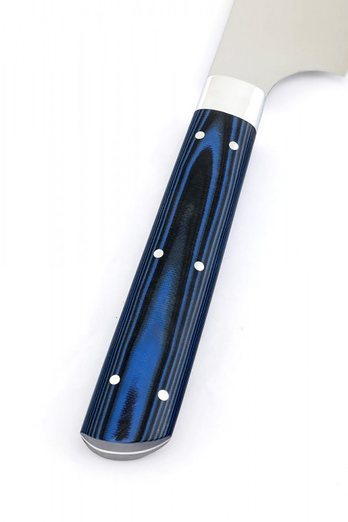Кухонный нож Сантоку большой кованая сталь 95х18 рукоять G10 синяя ц/м 