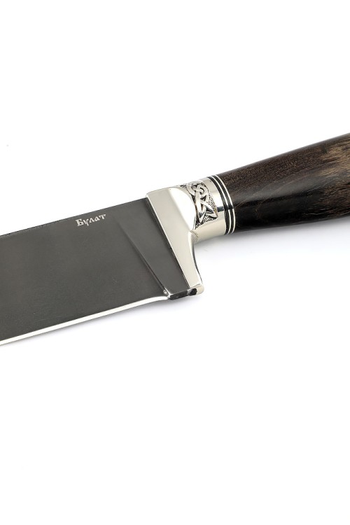 Нож Узбекский сталь булат, рукоять мельхиор, карельская береза коричневая 