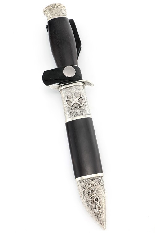 Нож разведчика НР-40 сталь дамаск, мельхиор, деревянные ножны черный граб 