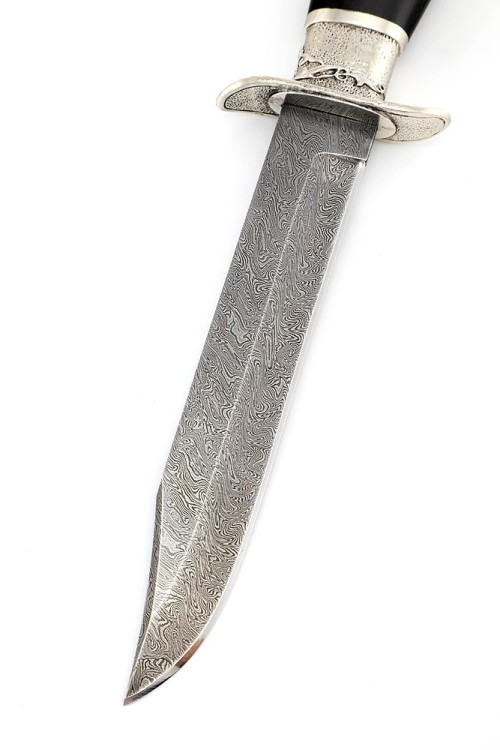 Нож разведчика НР-40 сталь дамаск, мельхиор, деревянные ножны черный граб 