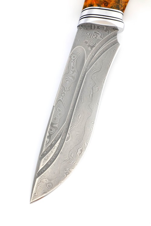 Нож Барс сталь нержавеющий дамаск фигурные долы, рукоять кап клена янтарный 