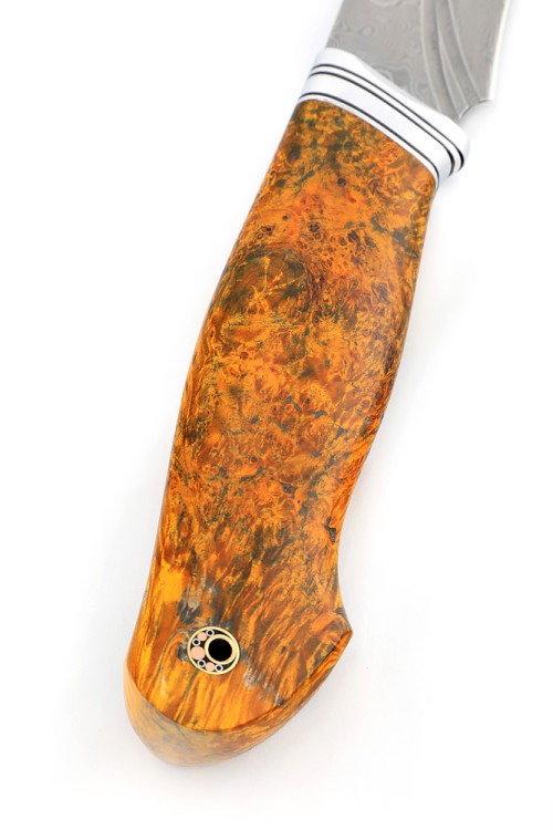 Нож Барс сталь нержавеющий дамаск фигурные долы, рукоять кап клена янтарный 