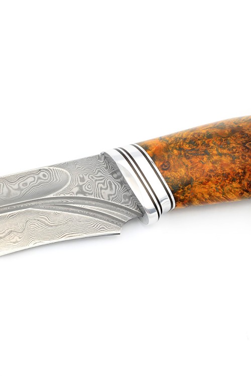 Нож Барс сталь нержавеющий дамаск фигурные долы, рукоять кап клена янтарный 
