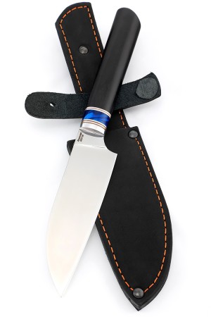 Кухонный нож Сантоку малый кованая сталь 95x18 рукоять вставка акрил синий, черный граб