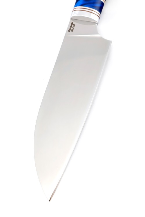 Кухонный нож Сантоку малый кованая сталь 95x18 рукоять вставка акрил синий, черный граб 